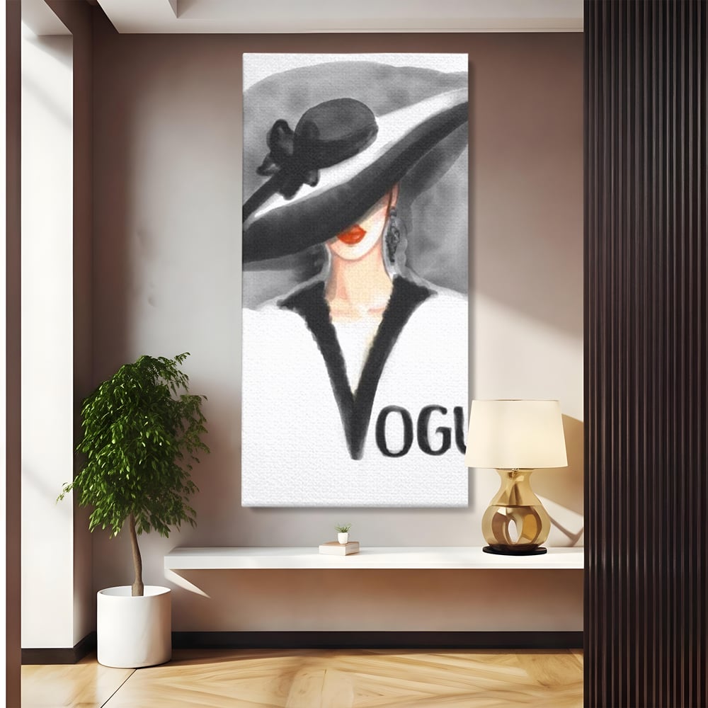 Tablou canvas cu ilustratie cu femeie purtand palarie, fara rama, pe sasiu de lemn